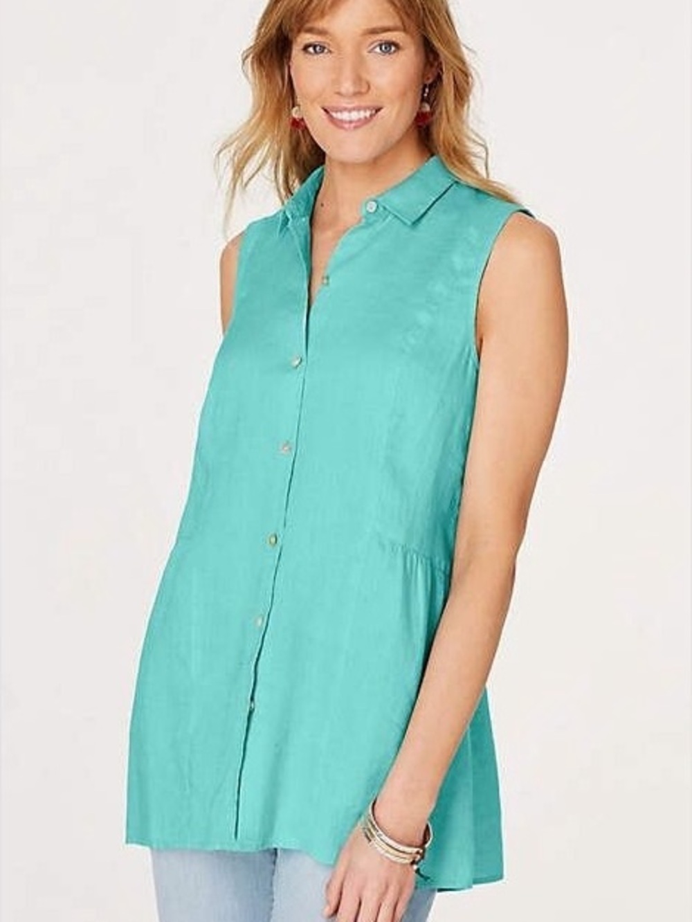 J Jill Love Linen Sleeveless Peplum Button-Down Tunic Top-Turquoise-Women XS